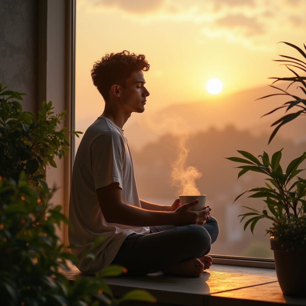 Meditating Man Surrounded by Greenery in a Minimal Modern Se...