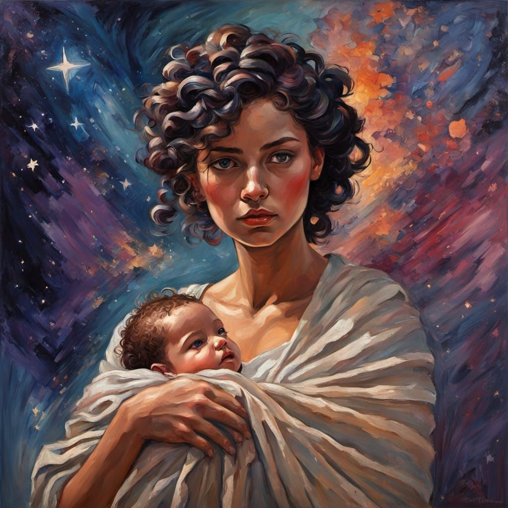 Fleeing Mother and Child in Expressionist Style