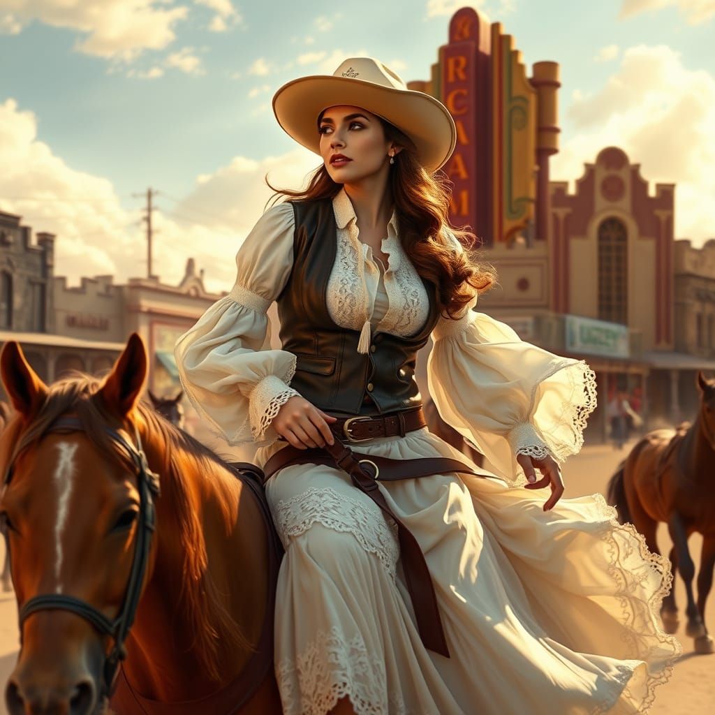 Cowgirl Rides Majestically Through a Dusty Western Town