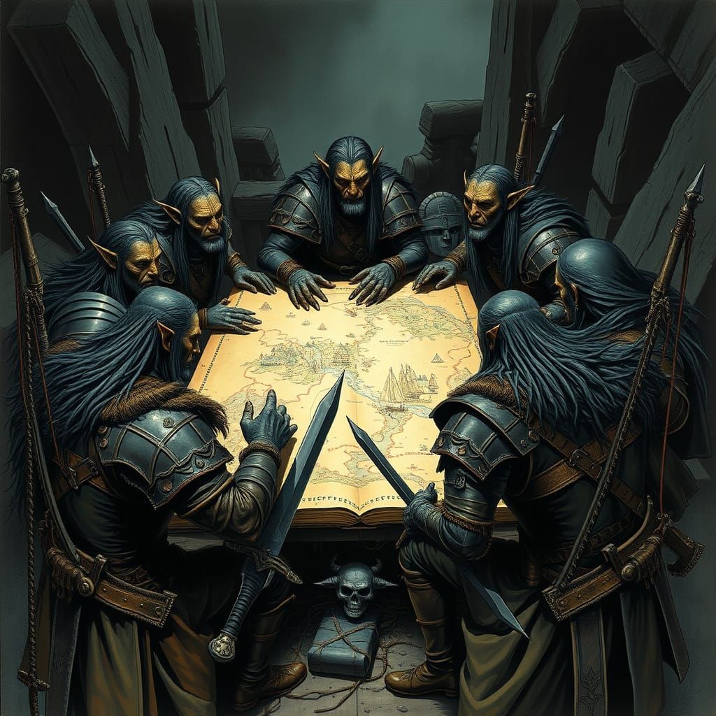 Dark Elves Plotting Ambush, Fantasy Art Style