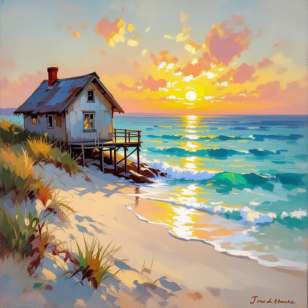 Serene Beach House at Golden Hour Sunset
