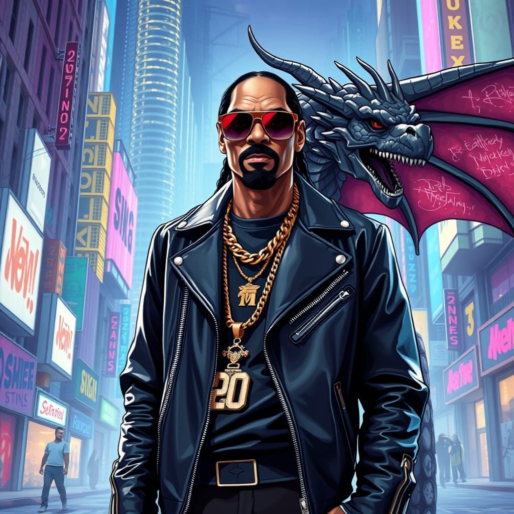 Snoop Dogg in Futuristic City with Dragon