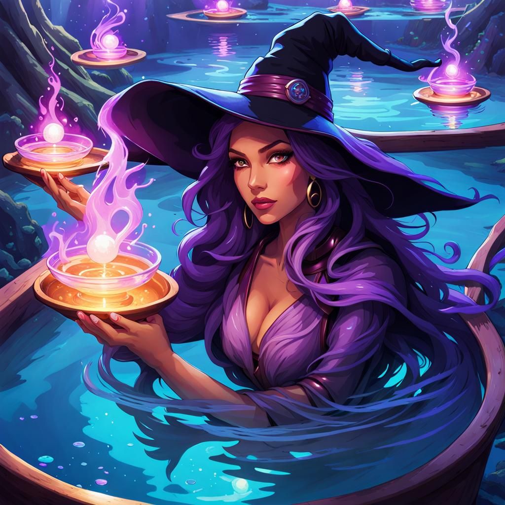 Witch Swims in Magical Arcane Pool in Comic Book Style