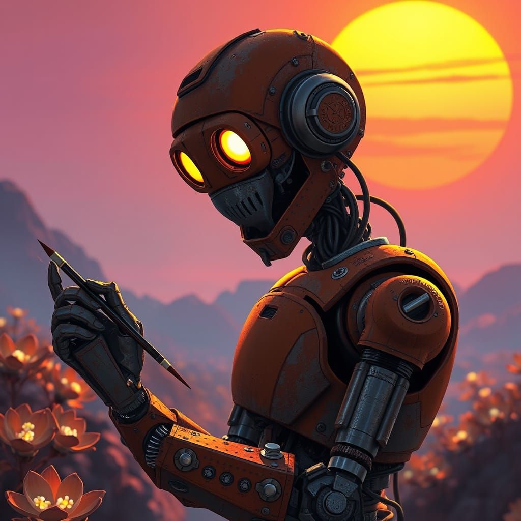 Robot's Sunset Sketch on Alien World