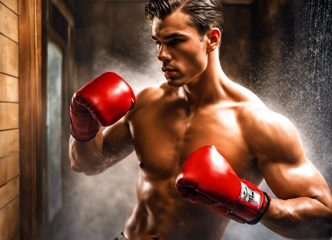 Boxers in Locker Room Shower, Hyperrealistic Style