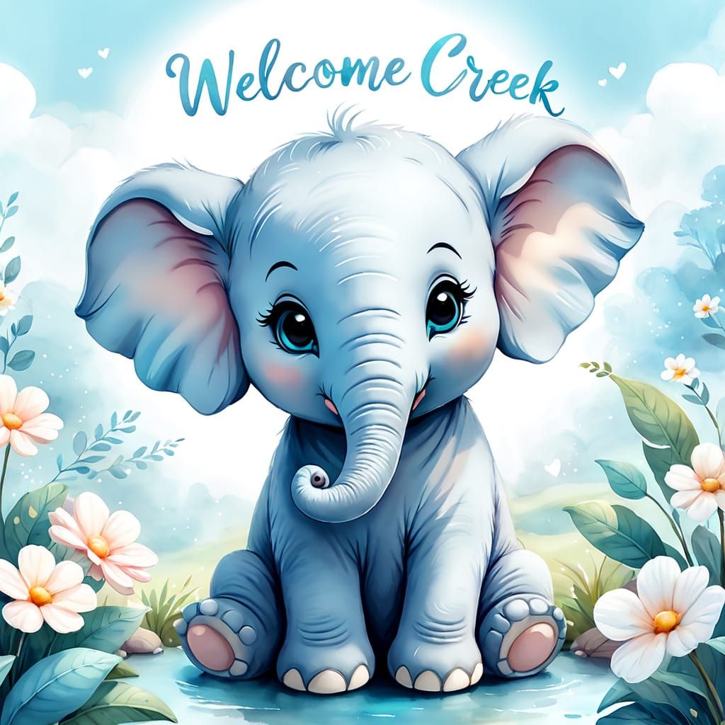 Chibi Elephant Welcomes to Baby Creek in Watercolor