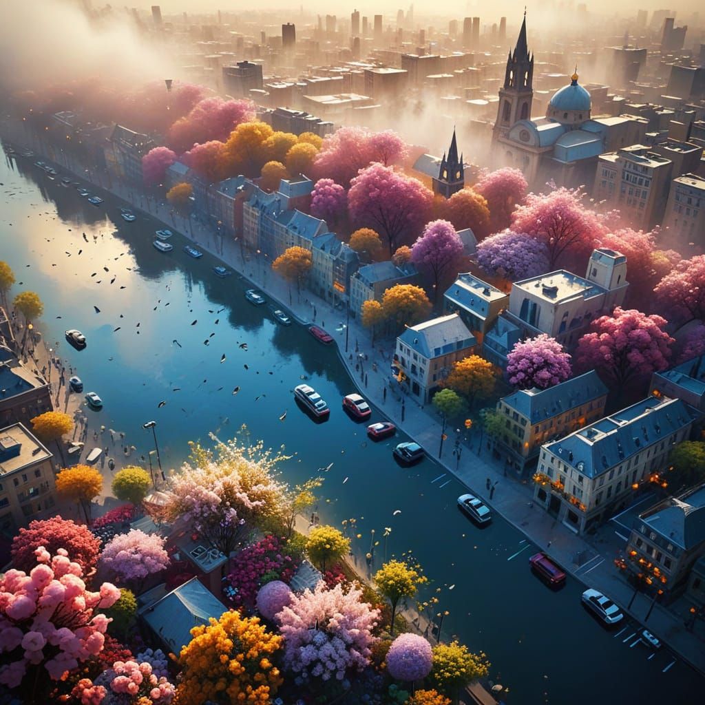 Flower City Bird's-Eye View in Abstract Style