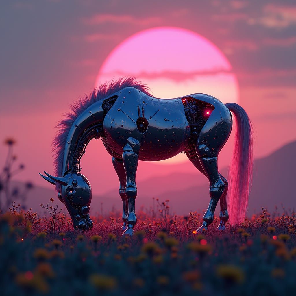 Surreal Futuristic Landscape with a Bioluminescent Robot Hor...