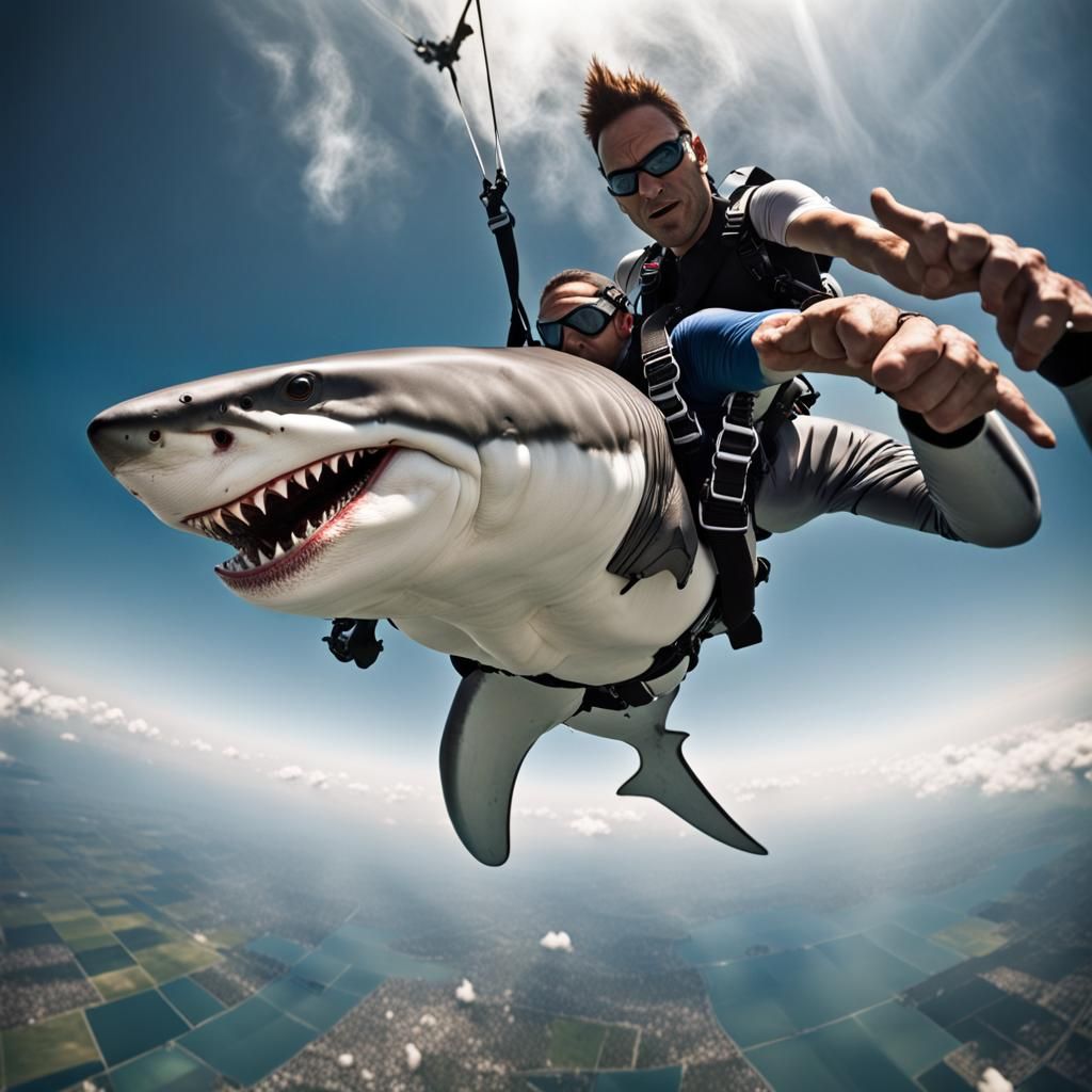 Hyperrealistic Skydiving Shark in Cinematic Composition