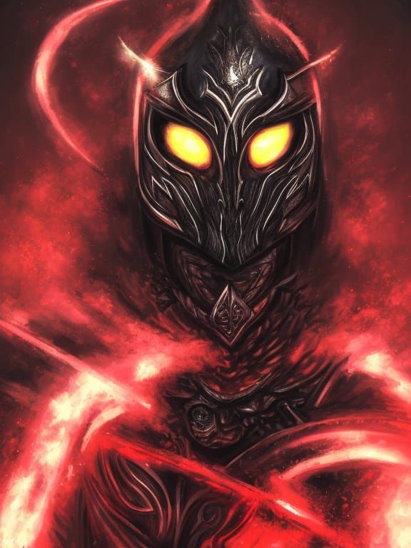 Menacing Warrior with Glowing Eyes in Dark Armor