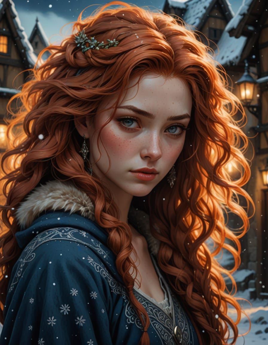 Medieval Polish Woman with Wolfdog in Snowy Village