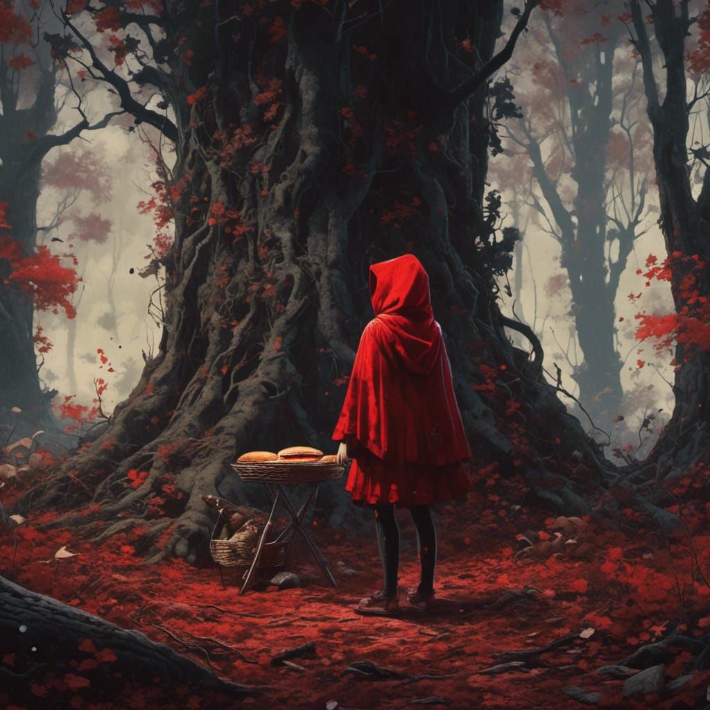 Little Red Riding Hood Eats Hamburger in Dark Forest
