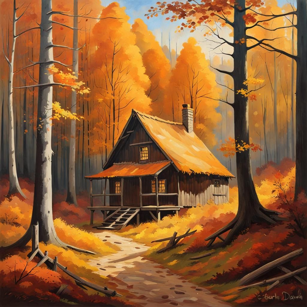 Cozy Hut in Autumn Forest: Oil Painting Style