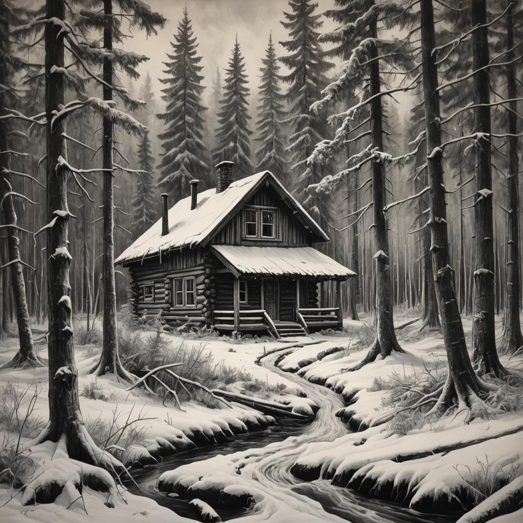 Winter Cabin in Alaskan Forest: Charcoal Drawing