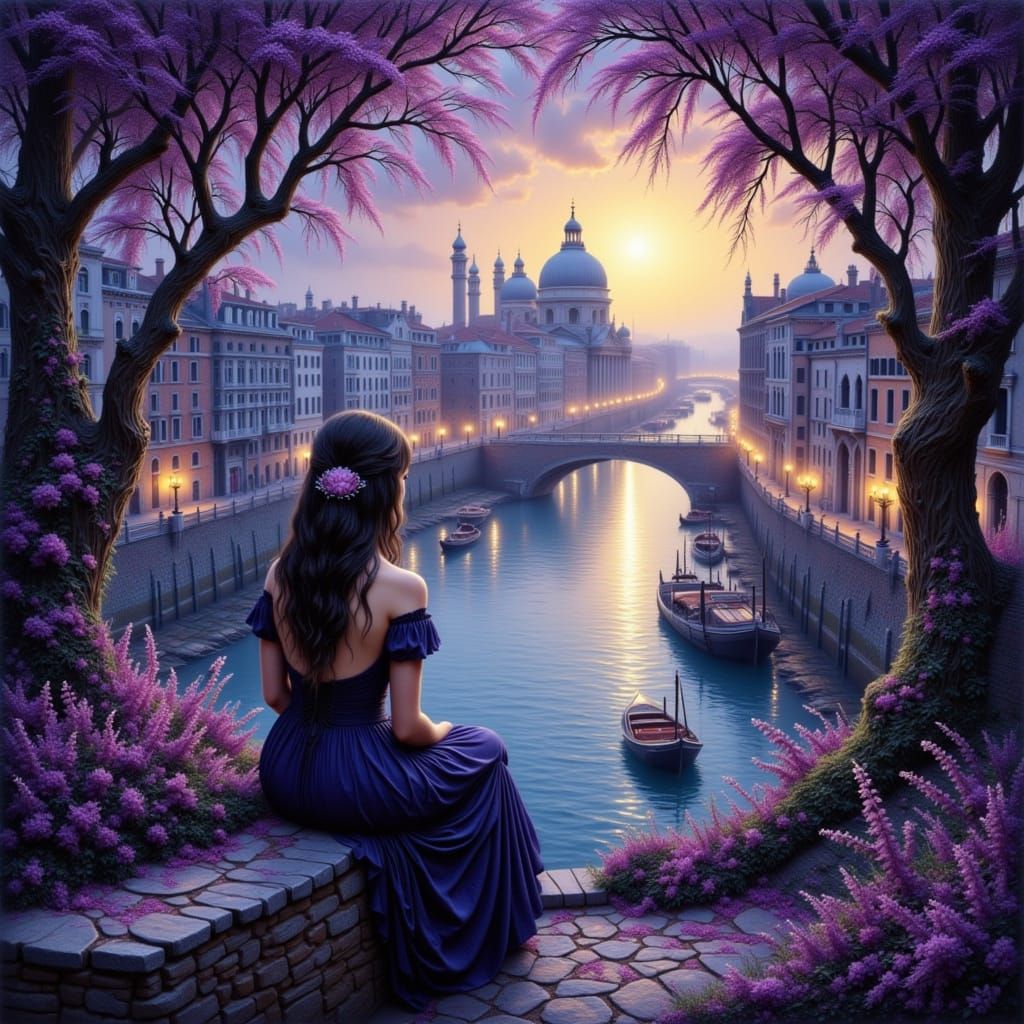 Venice Reflection: A Fantasy Illustration in Deep Purples