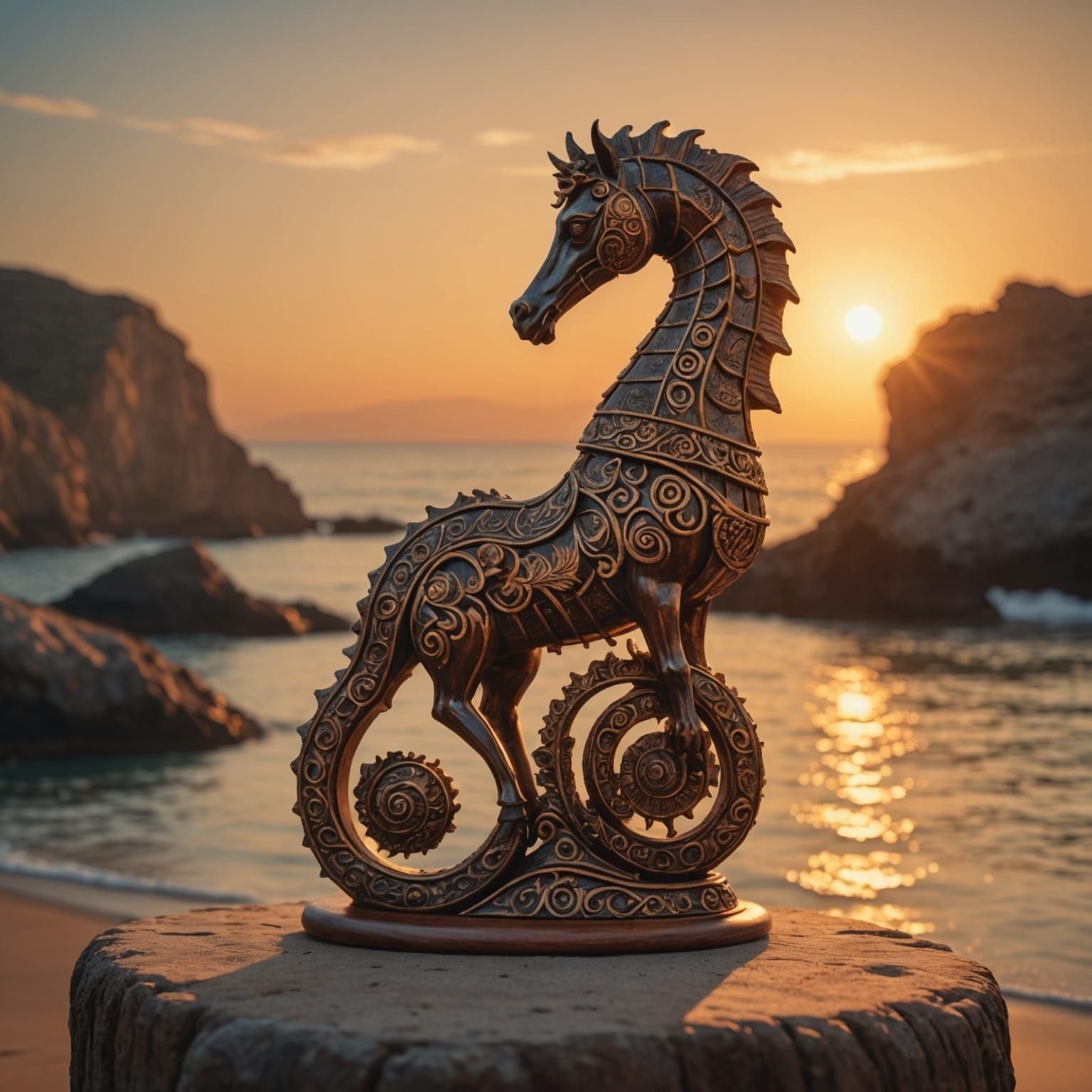 Ethereal Greek Goddess with Glowing Seahorse in Golden Hour