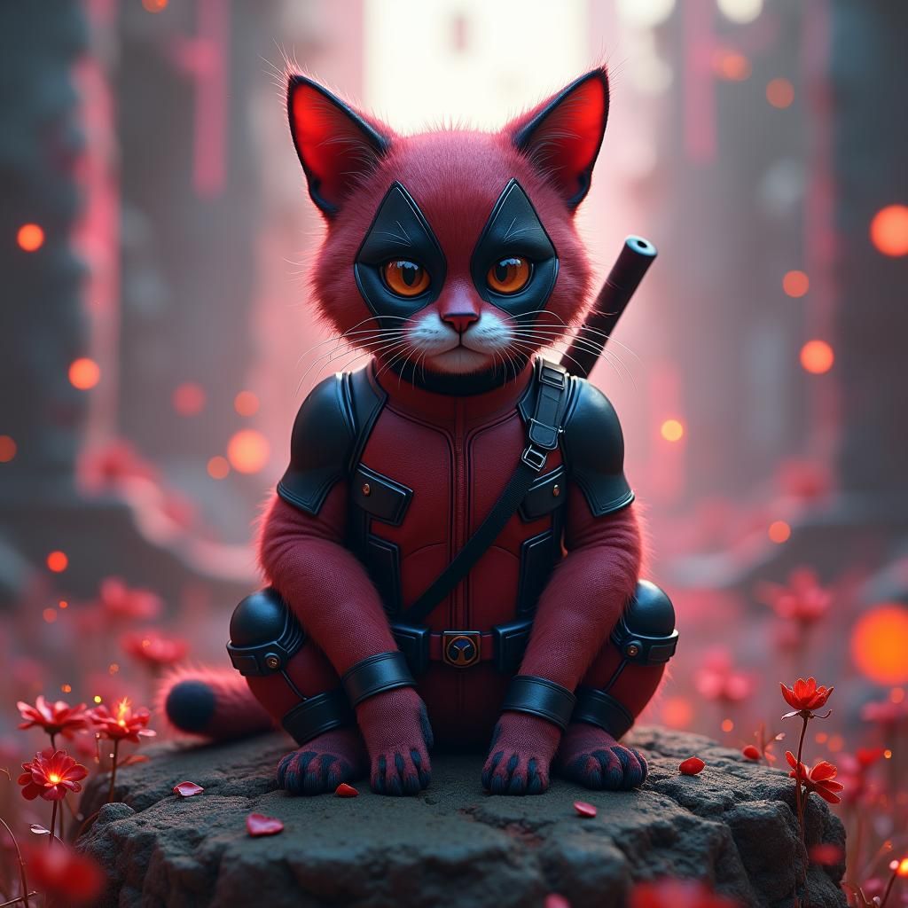 Deadpool Cat on Ruined Temple in Unreal Engine 5