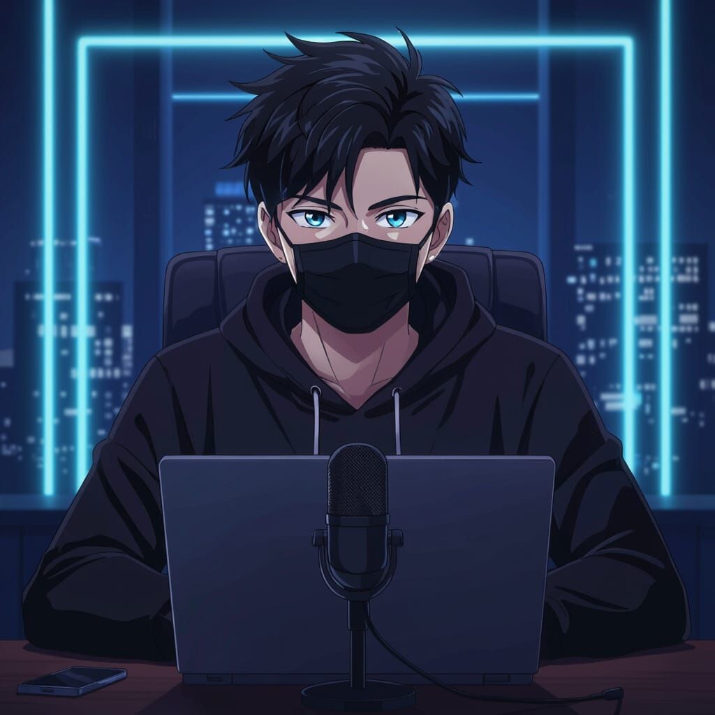 Handsome Anime Businessman in Neon Office