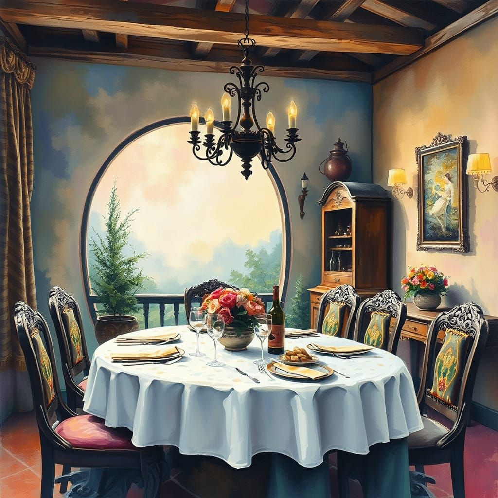 Ethereal Rustic Dining Room in Impressionist Gouache Style