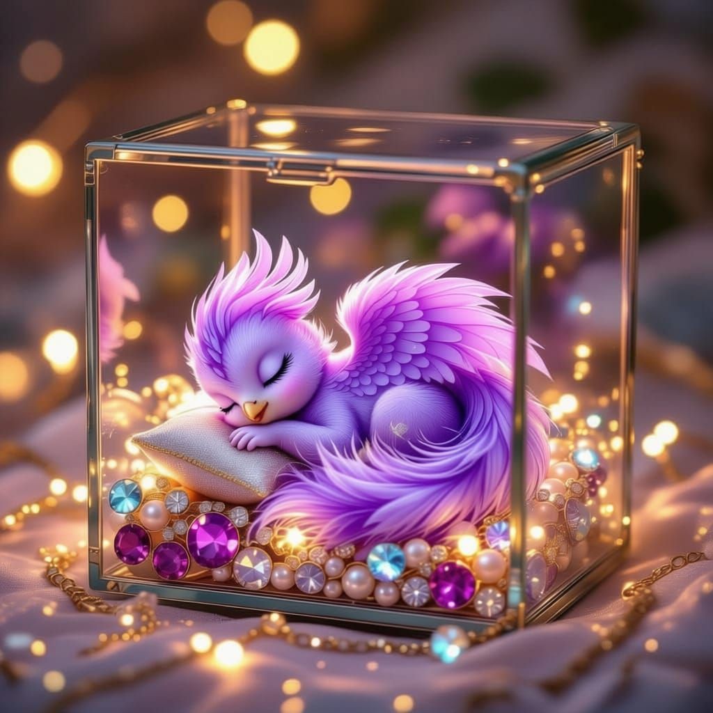 Baby Purple Phoenix Sleeps in Glowing Jewelry Box