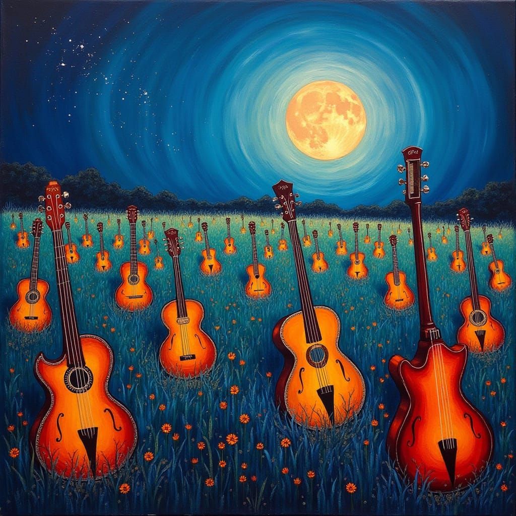 Guitars Under Ethereal Moonlight in Vibrant Dreamlike Style