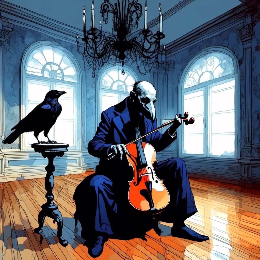 Crow-Headed Musician in Mask-Filled Room