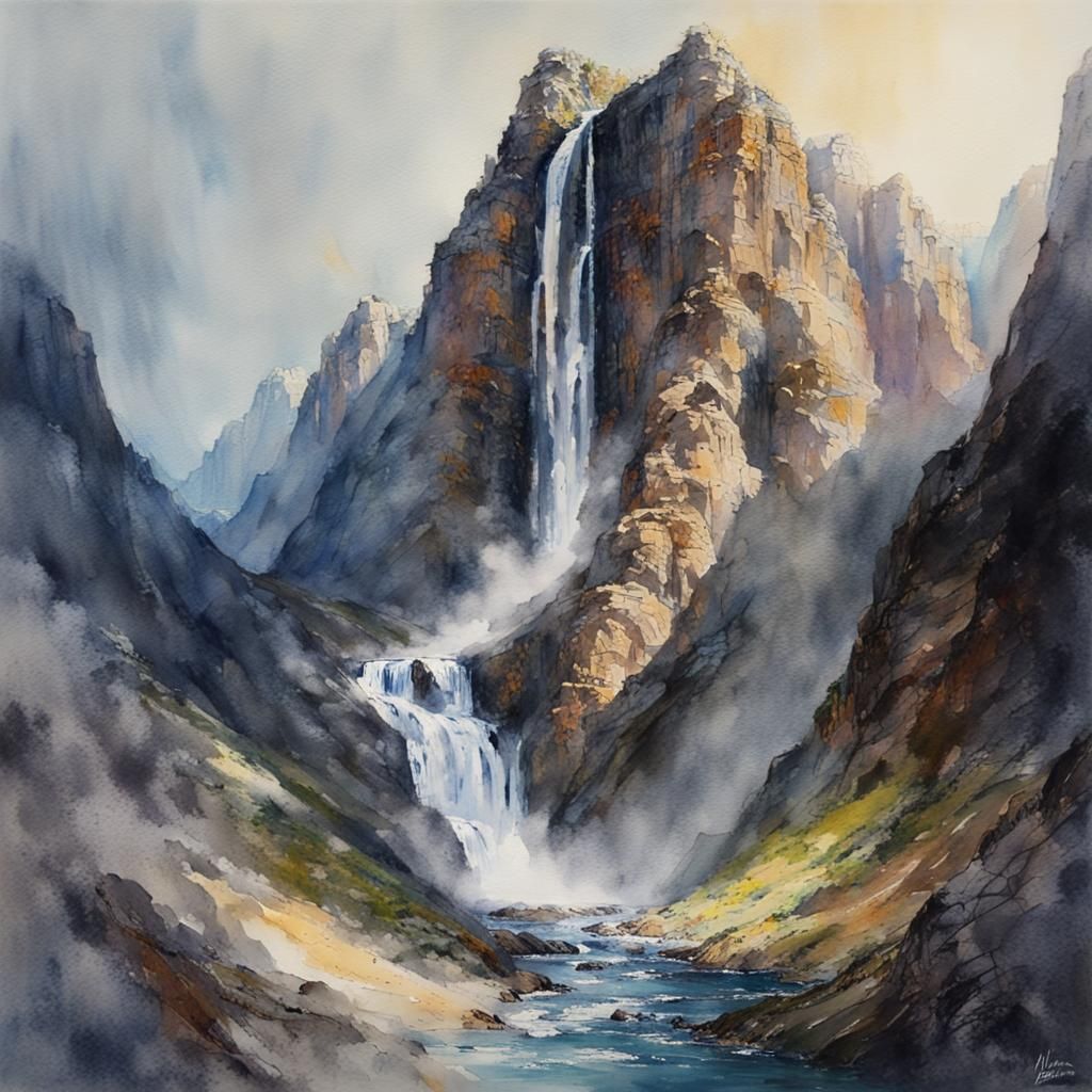 Waterfall and Mountains in Watercolor Style