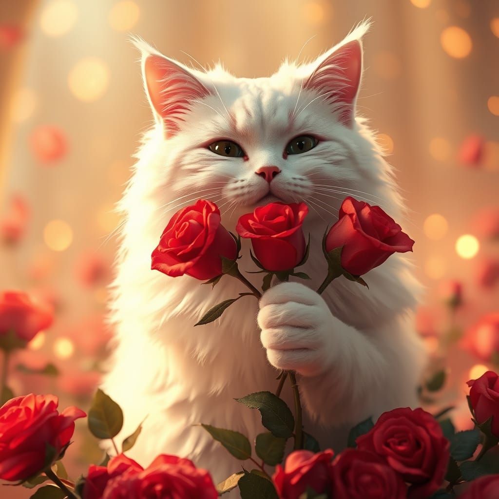 Whimsical Cat Offers Red Roses in a Warm, Golden Light