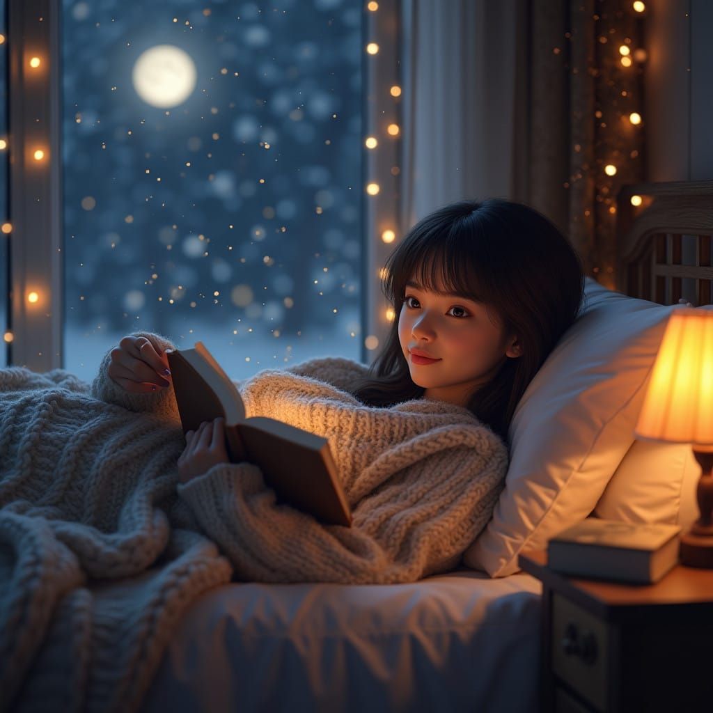 Woman Reads in Cozy Winter Scene