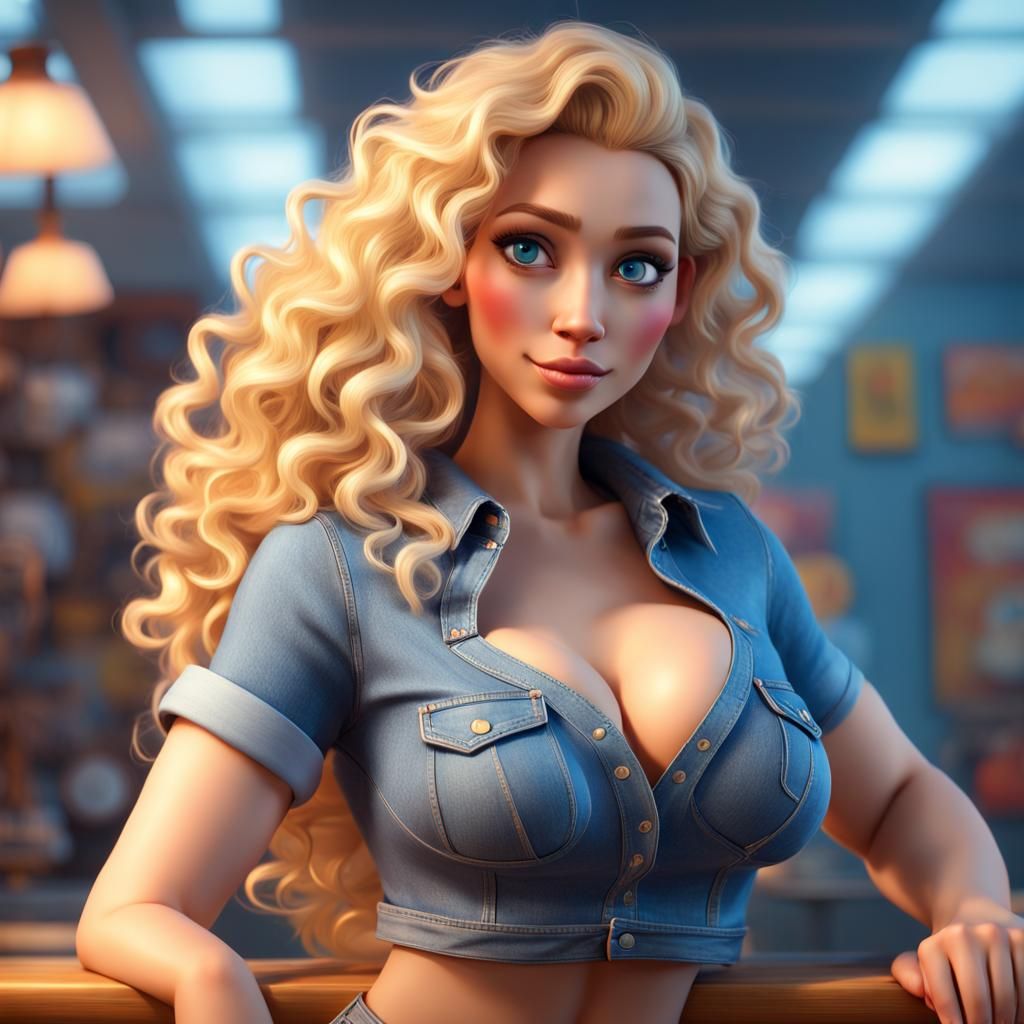 Blonde Woman in Blue: 3D Digital Art
