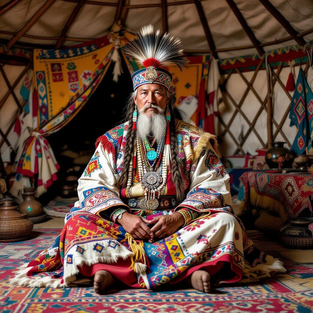 Russian Shaman in Ornate Yurt, Illustrative Style