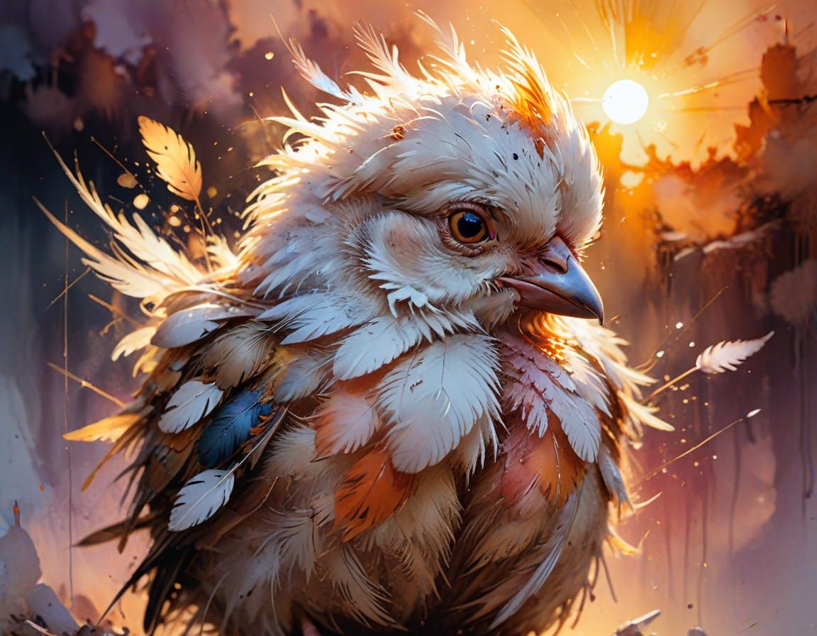 Grumpy Chick at Sunset in Watercolor Style