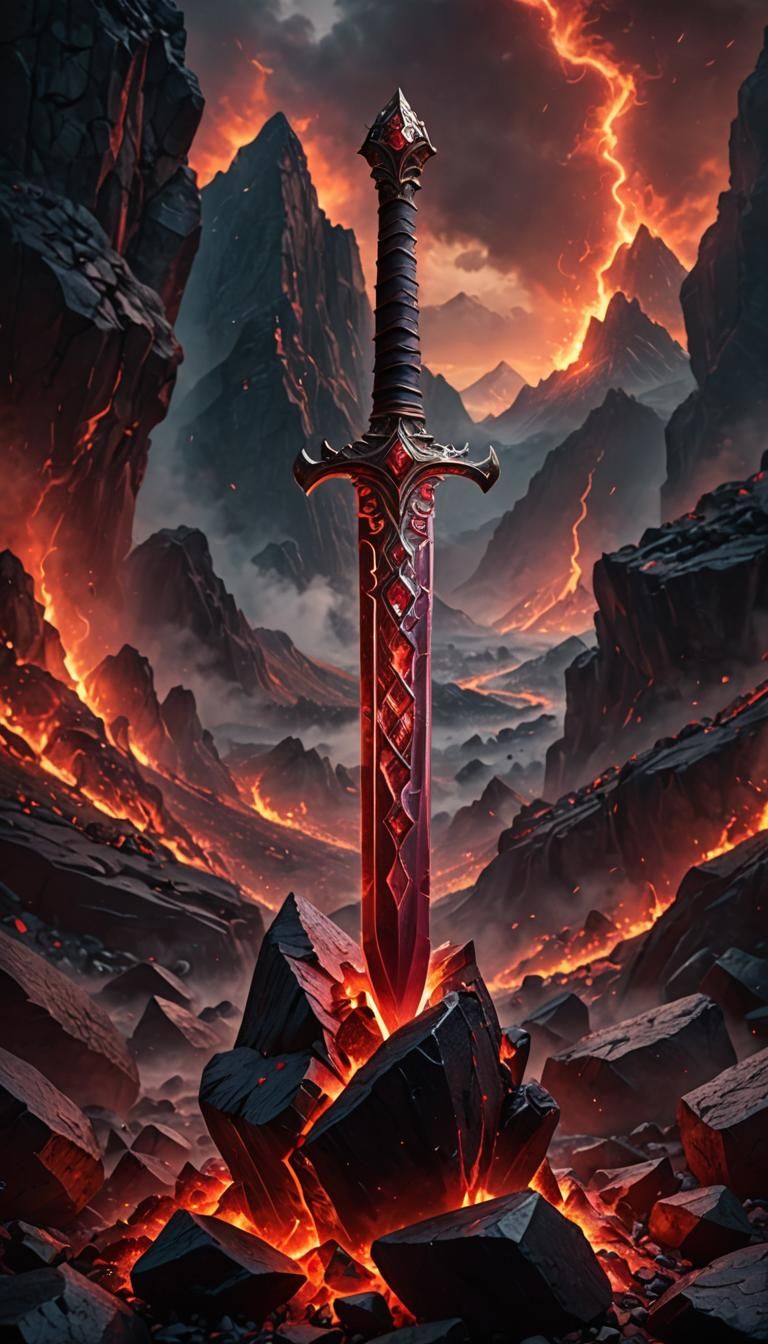 Fiery Ruby Sword Embedded in Rock, Fantasy Art