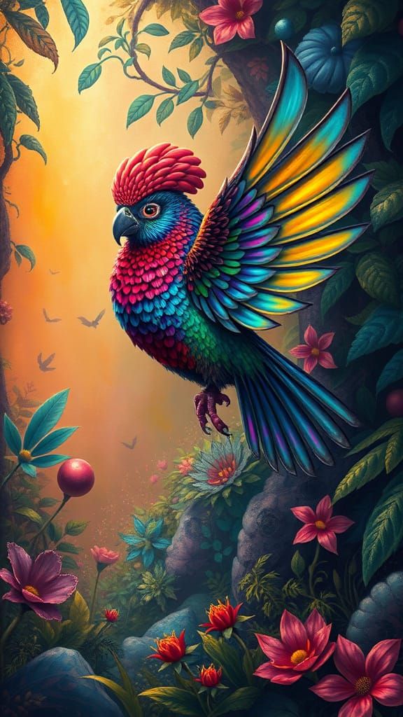 Iridescent Bird Soars Through Whimsical Landscape