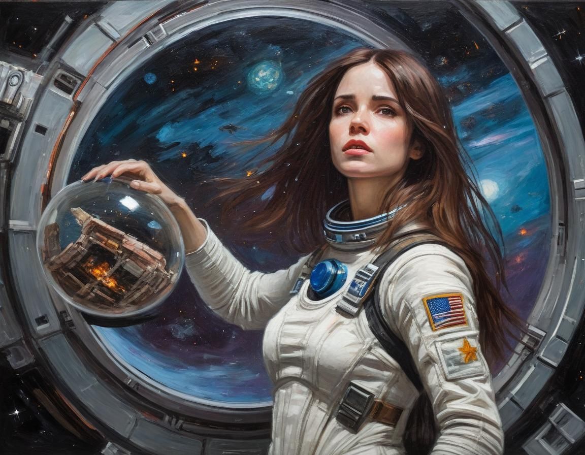 Android Woman in Space, Oil Painting Style