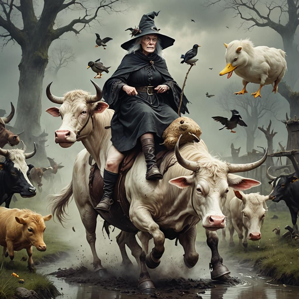 Ethereal Fantasy: One-Eyed Witch on Scary Cow