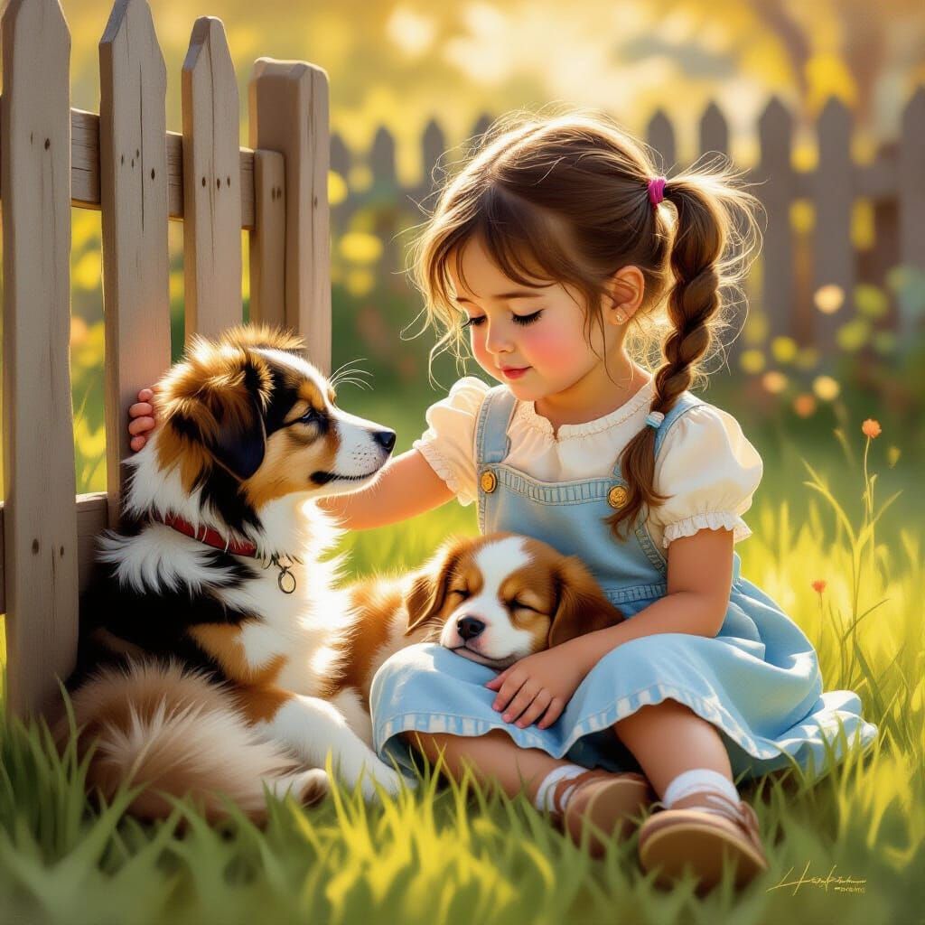 Girl Comforts Dog in Warm, Painterly Backyard Scene