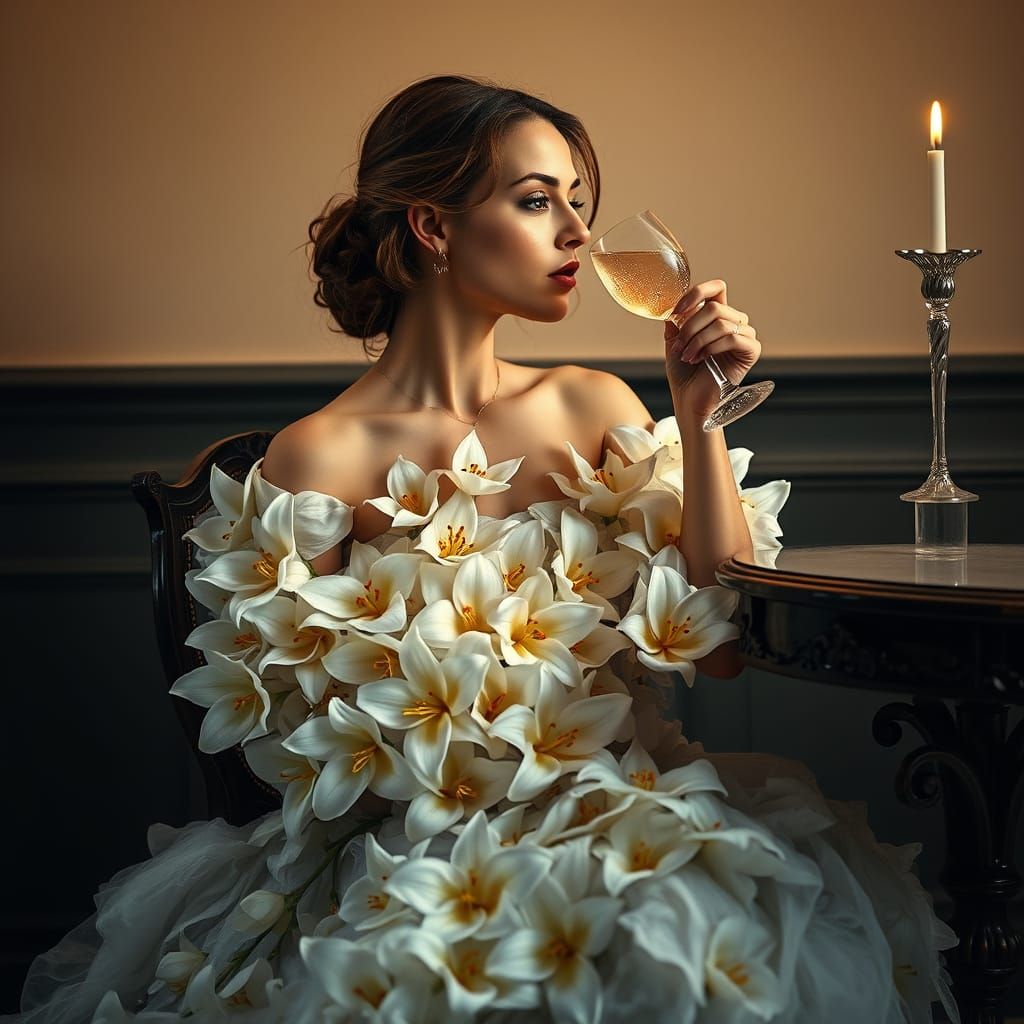 Woman in Lilies, Exquisite Floral Gown, Soft Light