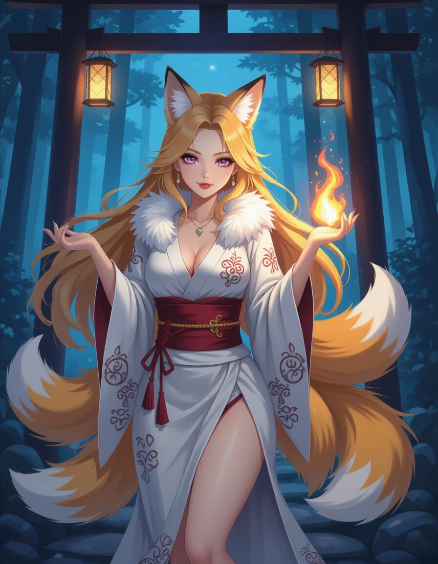 Elegant Fox Spirit Woman in Anime Semi-Realism