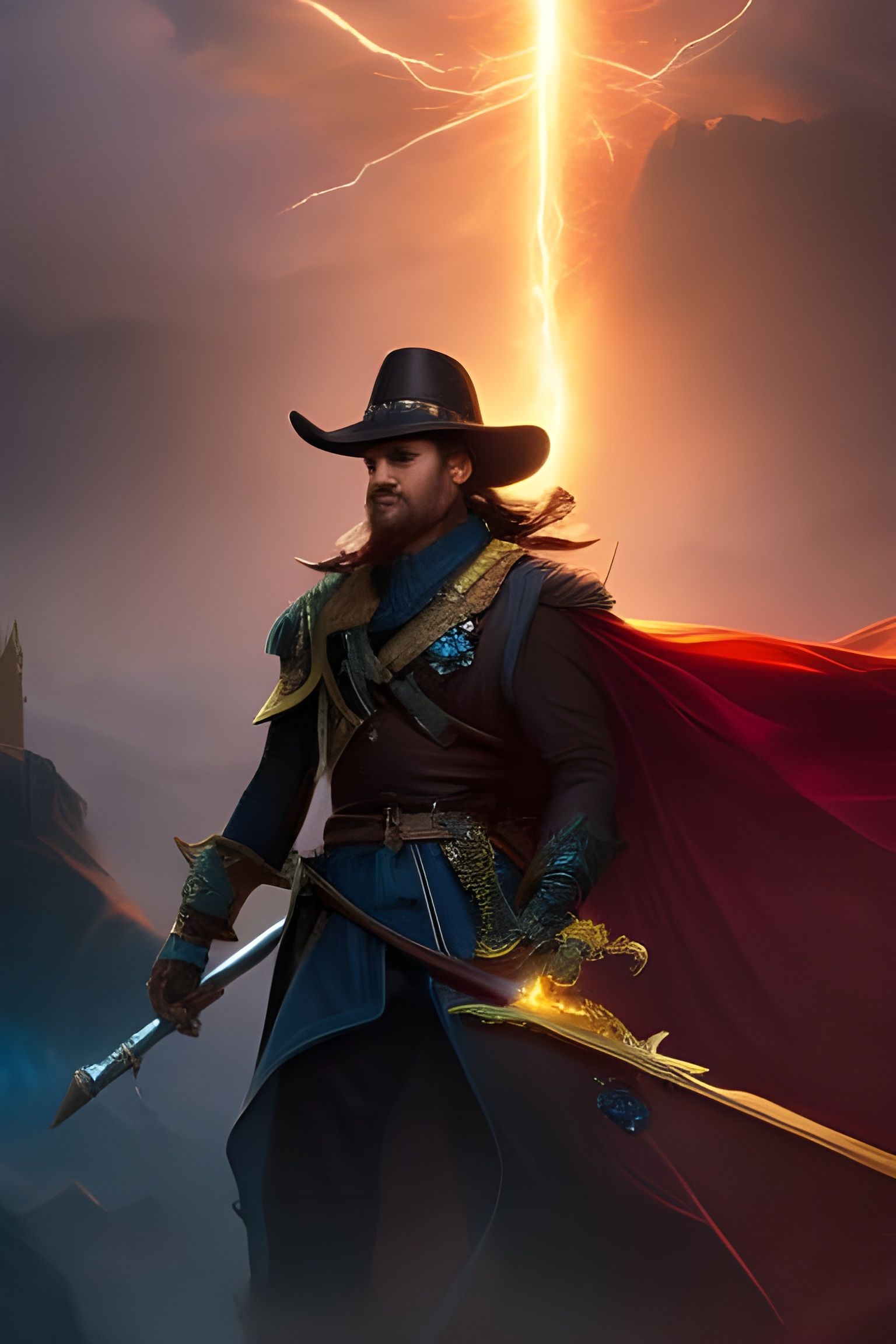 Pirate Sorcerer Summons Lightning in Dark Fantasy Style