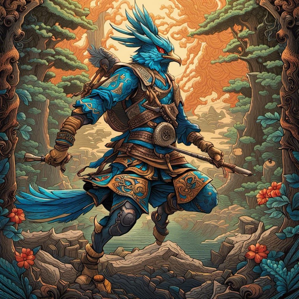 Rito Samurai Warrior in Wood Block Print