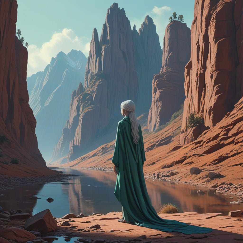 Regal Alien Woman in a Vibrant Canyon Landscape