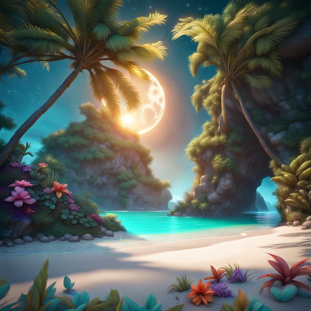 Dreamlike Tropical Cove Under a Moon Rainbow