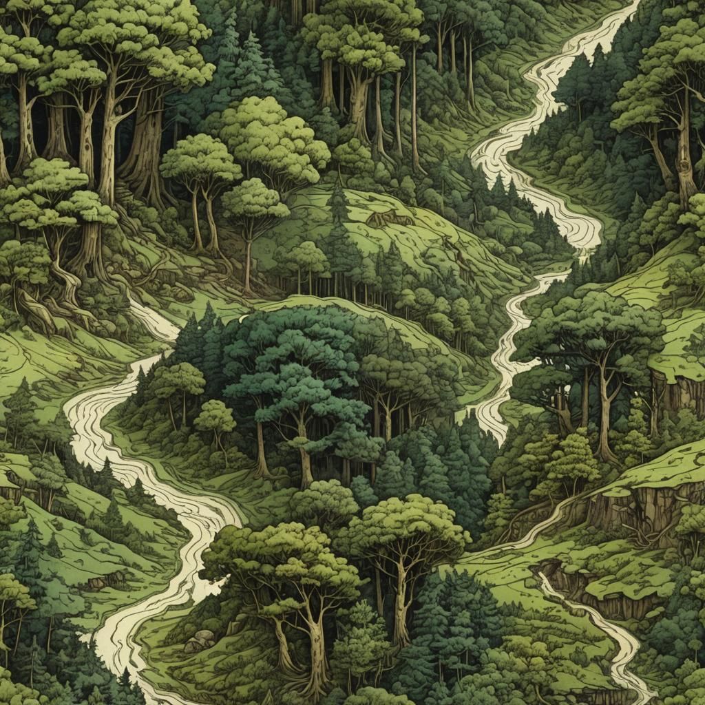 Fantasy Map of Forest Trail in Watercolor Style