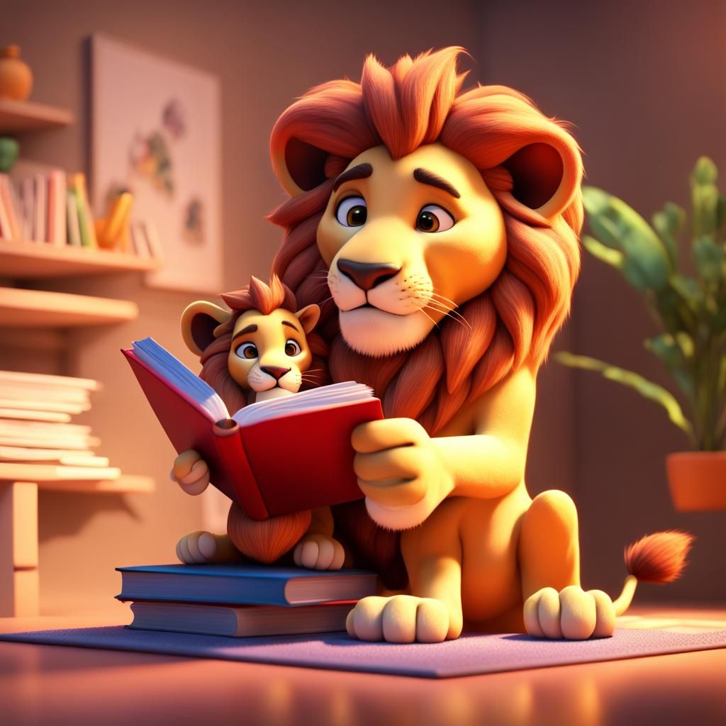Cute Lion Reading to Cub: Pixar-Style 3D Art