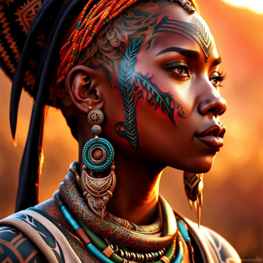 Tribal Girl Portrait with Detailed Facial Tattoo