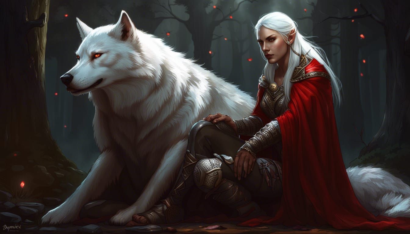 Elven Woman and Wolf in Dark Fantasy Style