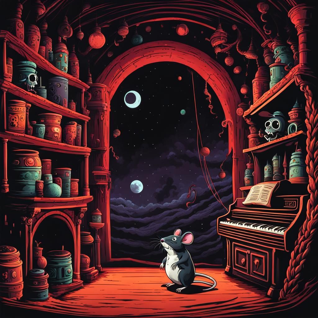 Macabre Cartoon Rat in Dark Twisted Space