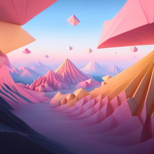 Pastel Origami Mountains and Animals in Digital Art