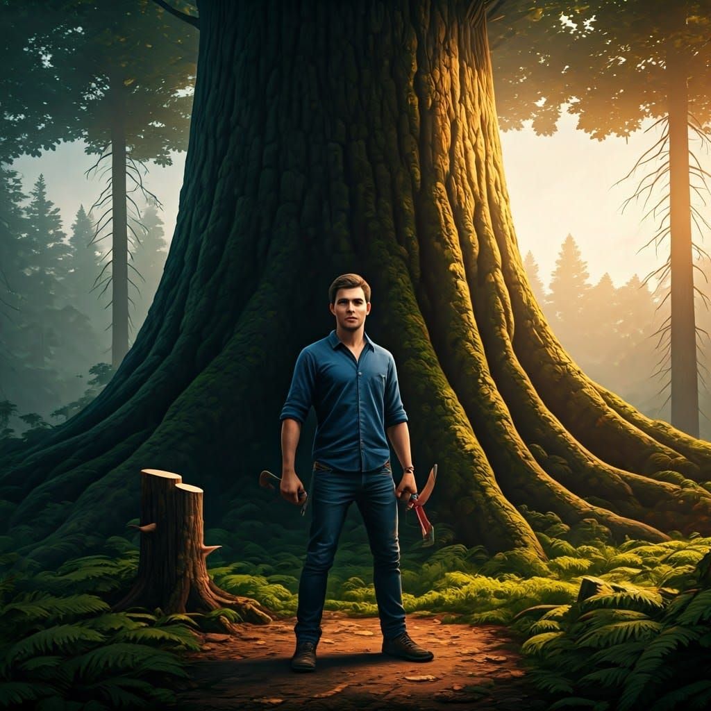 Man with Tree Cutter in Emerald Forest